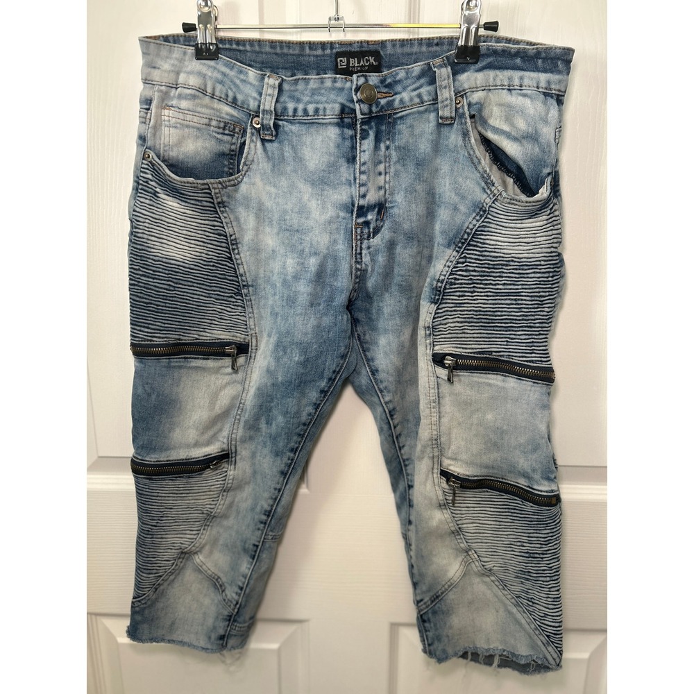 CJ Black Premium Moto Denim Capri Jeans Acid Wash Zippers Ribbed Panels 32 Y2K